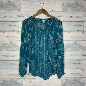 Lucky Brand Blue Long Sleeve Floral Paisley Button Up Blouse Size Medium
